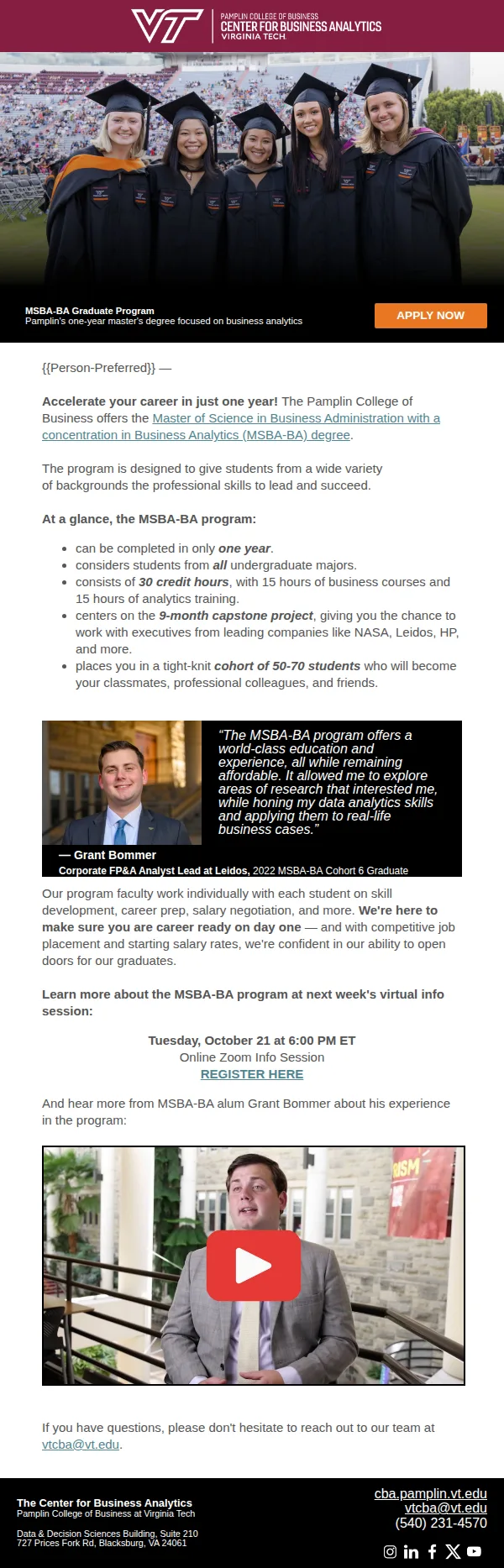 MSBA-BA info session email featuring alum Grant Bommer
