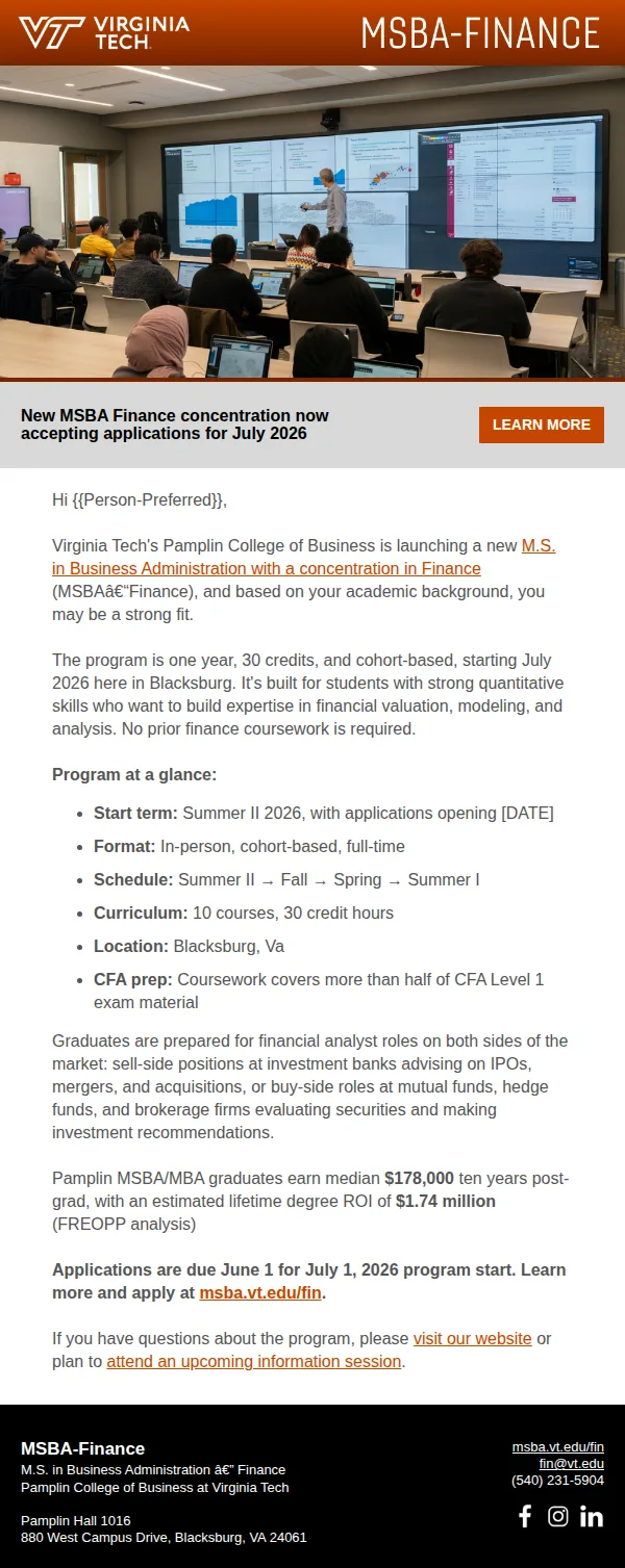 MSBA Finance concentration announcement email